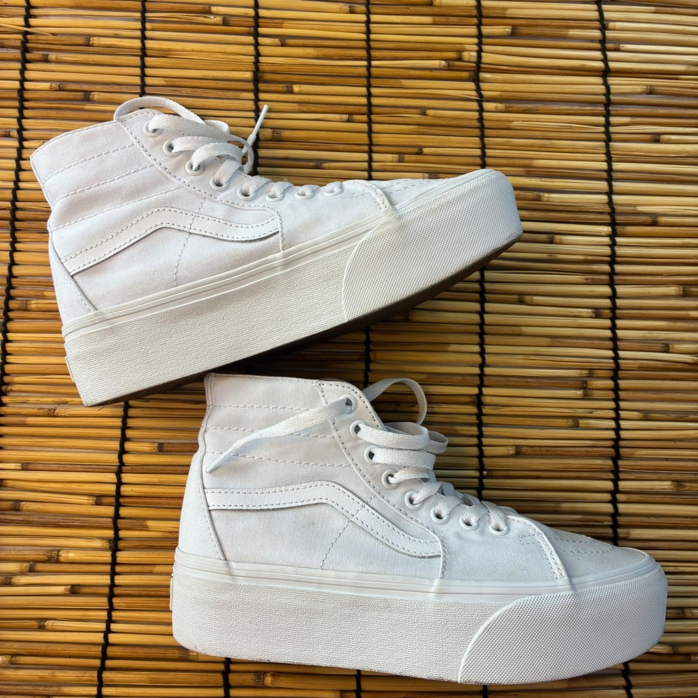 Vans Sk8-Hi Stacked White Canvas Platform High Top Sneakers Womens 8 Mens 6.5